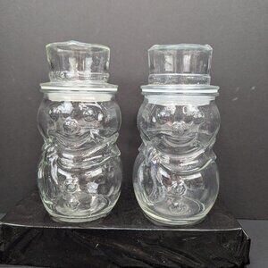 Vintage Libbey Clear Glass 7 3/4" Snowman Jar Canister with Lid Lot of 2